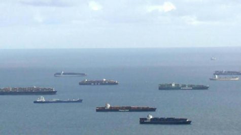 Cargo ships lingering for weeks during major cargo backup. 