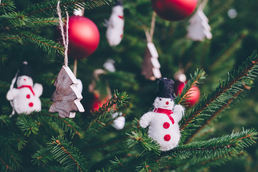 Ornaments on a Christmas tree.