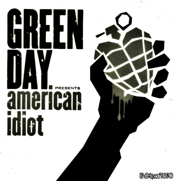 A black and white version of the cover of "American Idiot," one of the band's albums.