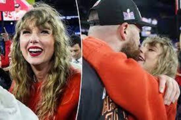 Taylor Swift and Travis Kelce celebrating the win. 