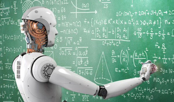 AI robot writing numbers on a blackboard,