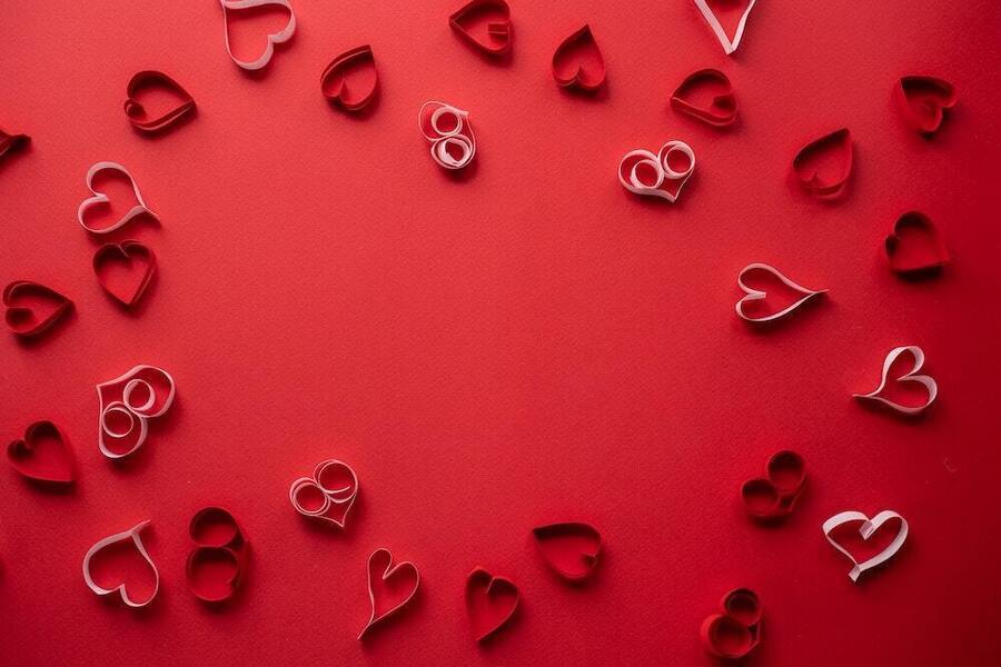 Valentines day photo with paper hearts outlining the edge of the photos.